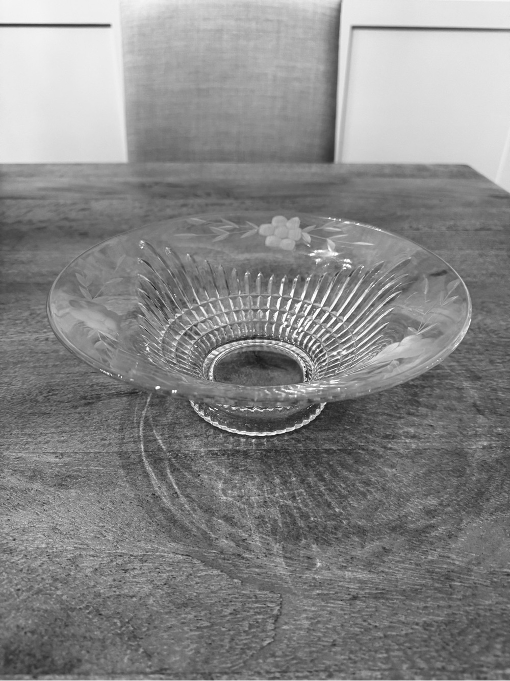 Vintage clear glass low pedestal bowl- Clear Floral Etching